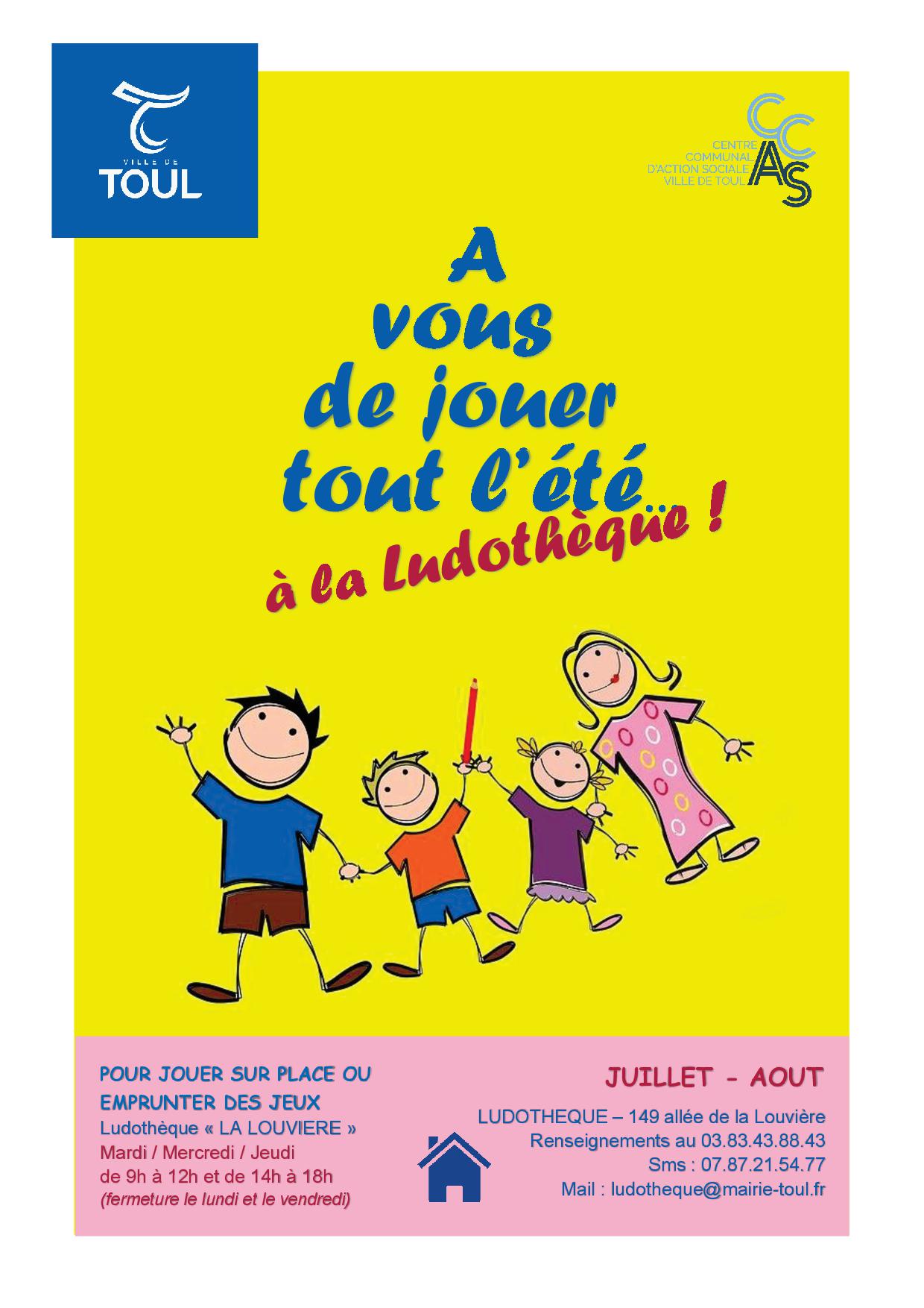 infographie d'une famille qui joue horaires ludothèque été